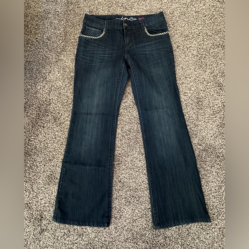 INC International Concepts Jeans 6 Petite Dark Blue Stretch Denim Bling Bootcut